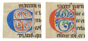 Eleven decorated initials on cuttings - from a Romanesque Bible manuscript, in Latin, on