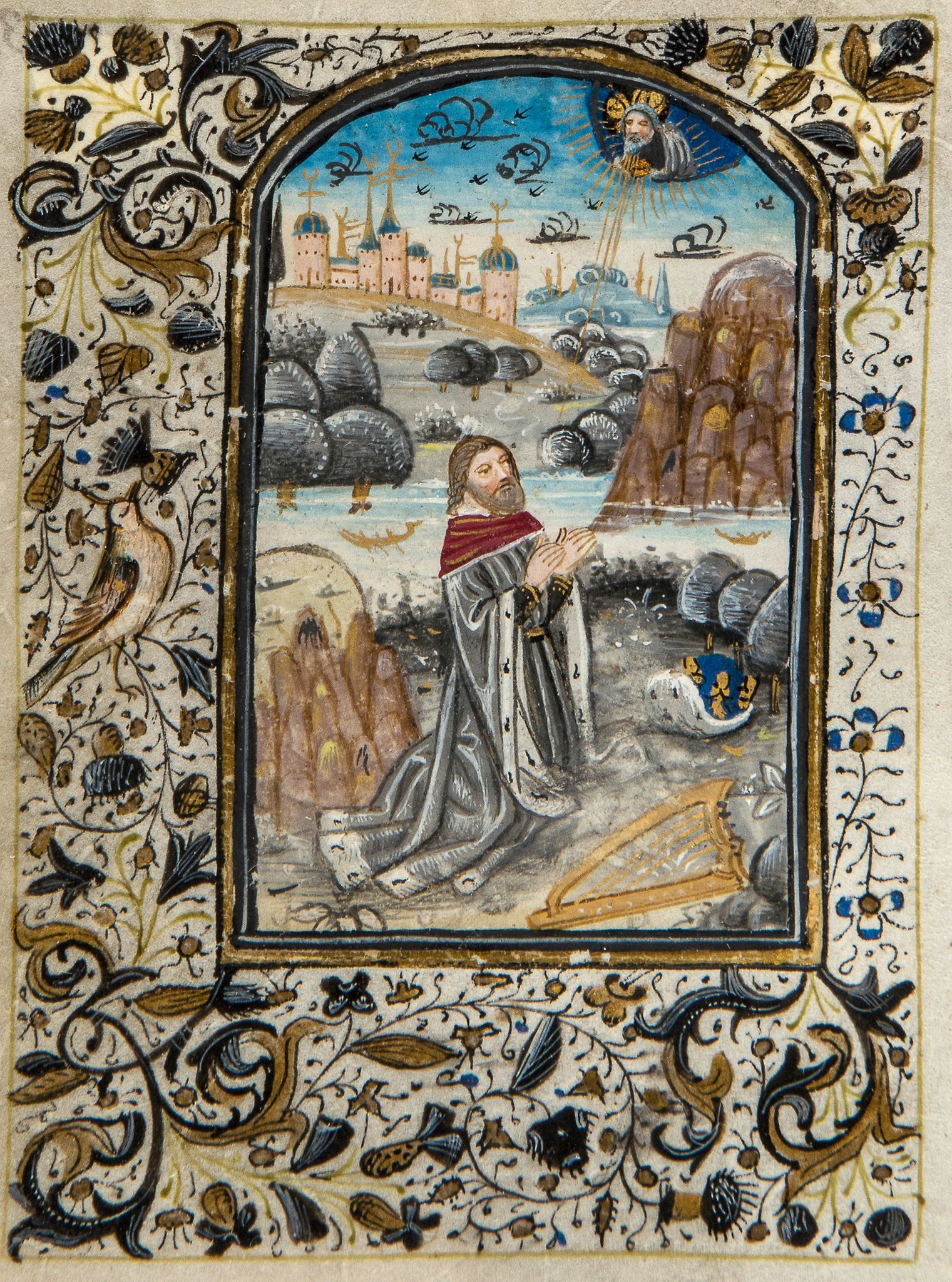 King David, demi-grisaille miniature from an illuminated Book of Hours  King David, demi-grisaille