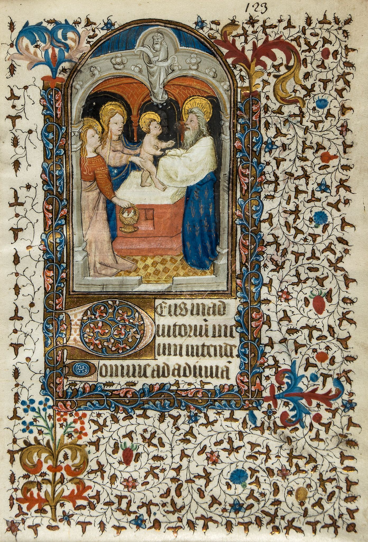 The Flight into Egypt and the Presentation - in the Temple, miniatures on two leaves from a finely - Image 2 of 2