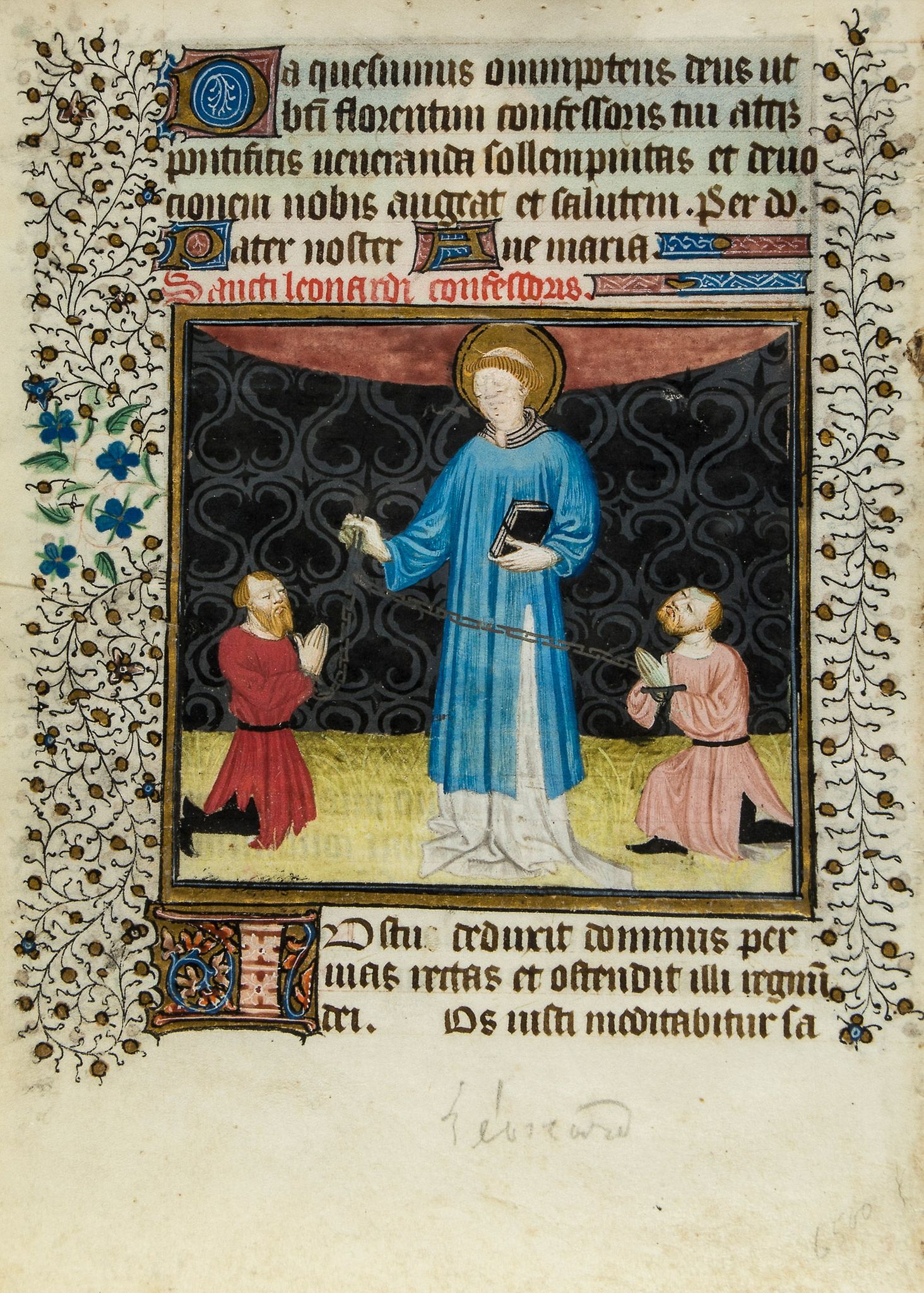 Leaf with Suffrages to SS. Leonard of Noblac - and Florent, on single leaf from an illuminated - Image 2 of 2