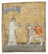 A Physician with Two Amputees, - miniature from an early copy of Bartholomaeus Anglicanus  miniature