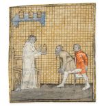 A Physician with Two Amputees, - miniature from an early copy of Bartholomaeus Anglicanus  miniature