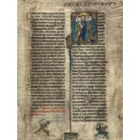 Adam and his descendants, - large historiated initial on a bifolium from a monumental...  large