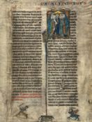 Adam and his descendants, - large historiated initial on a bifolium from a monumental...  large