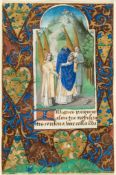 St. Denis holding his severed head, - large miniature on a leaf from a Book of Hours, in Latin