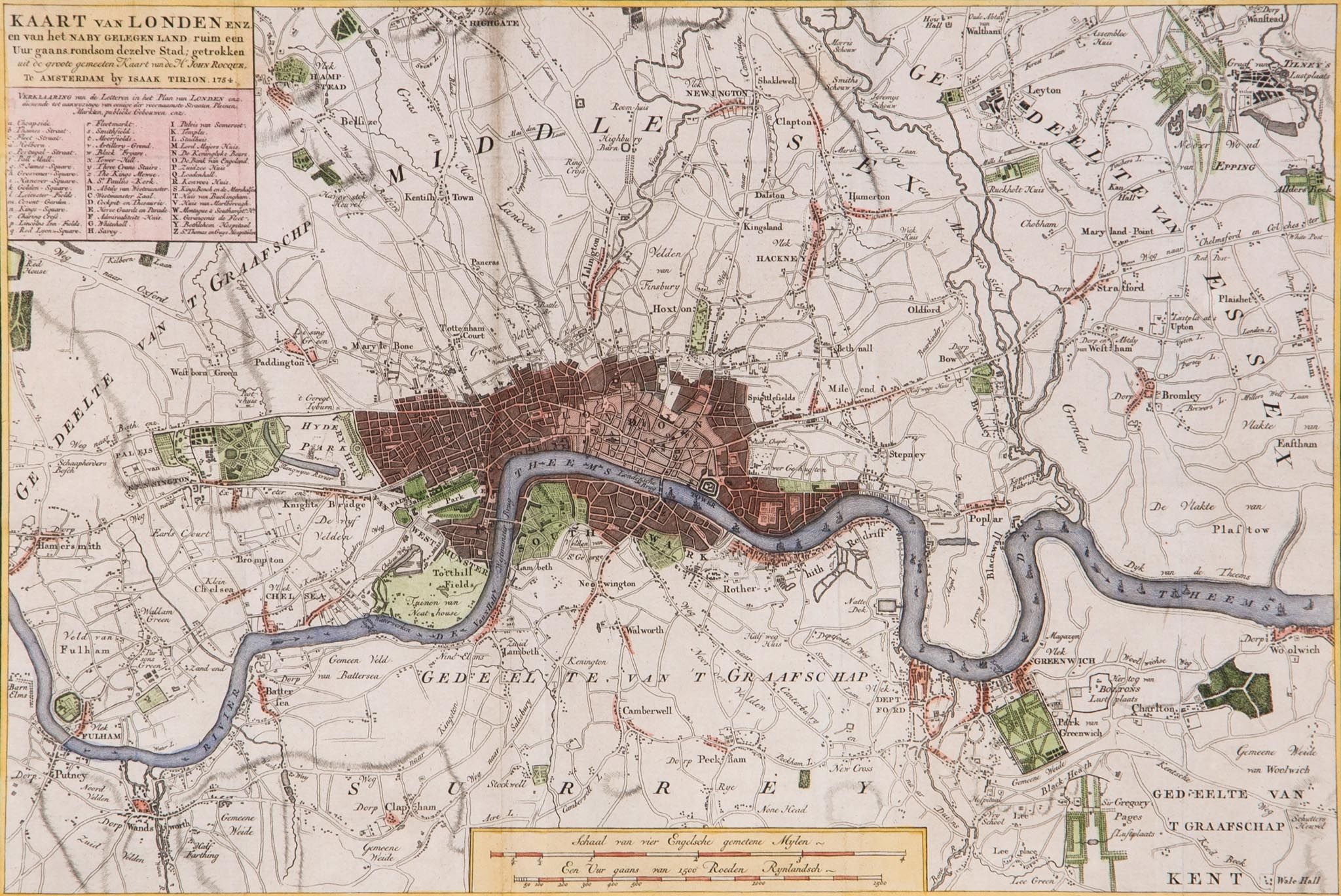 Tirion (Isaak) - Kaart van Londen en van het Naby Gelegen Land, plan of London after John Rocque,