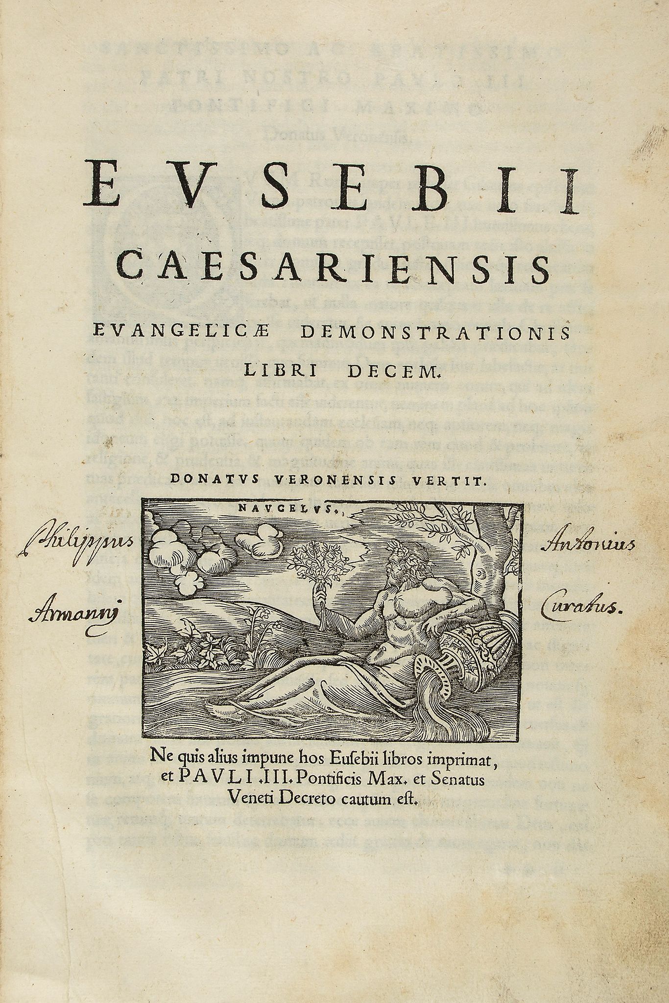 Eusebius Pamphili -  Evangelicæ Demonstrationis Libri Decem, title with woodcut vignette  ( Bishop