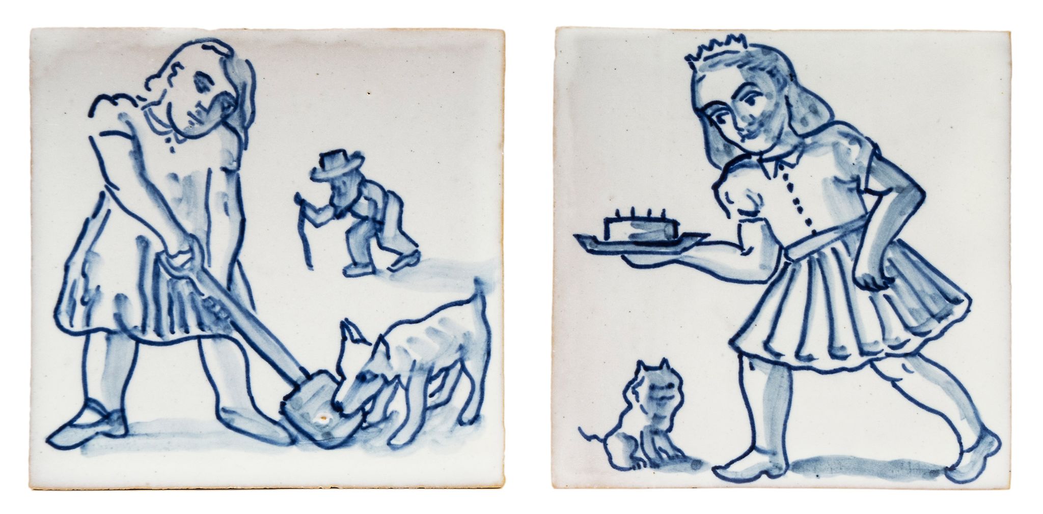 Paula Rego (b.1935)(after) - Little Girl Series two painted ceramic tiles, 1990, signed in black