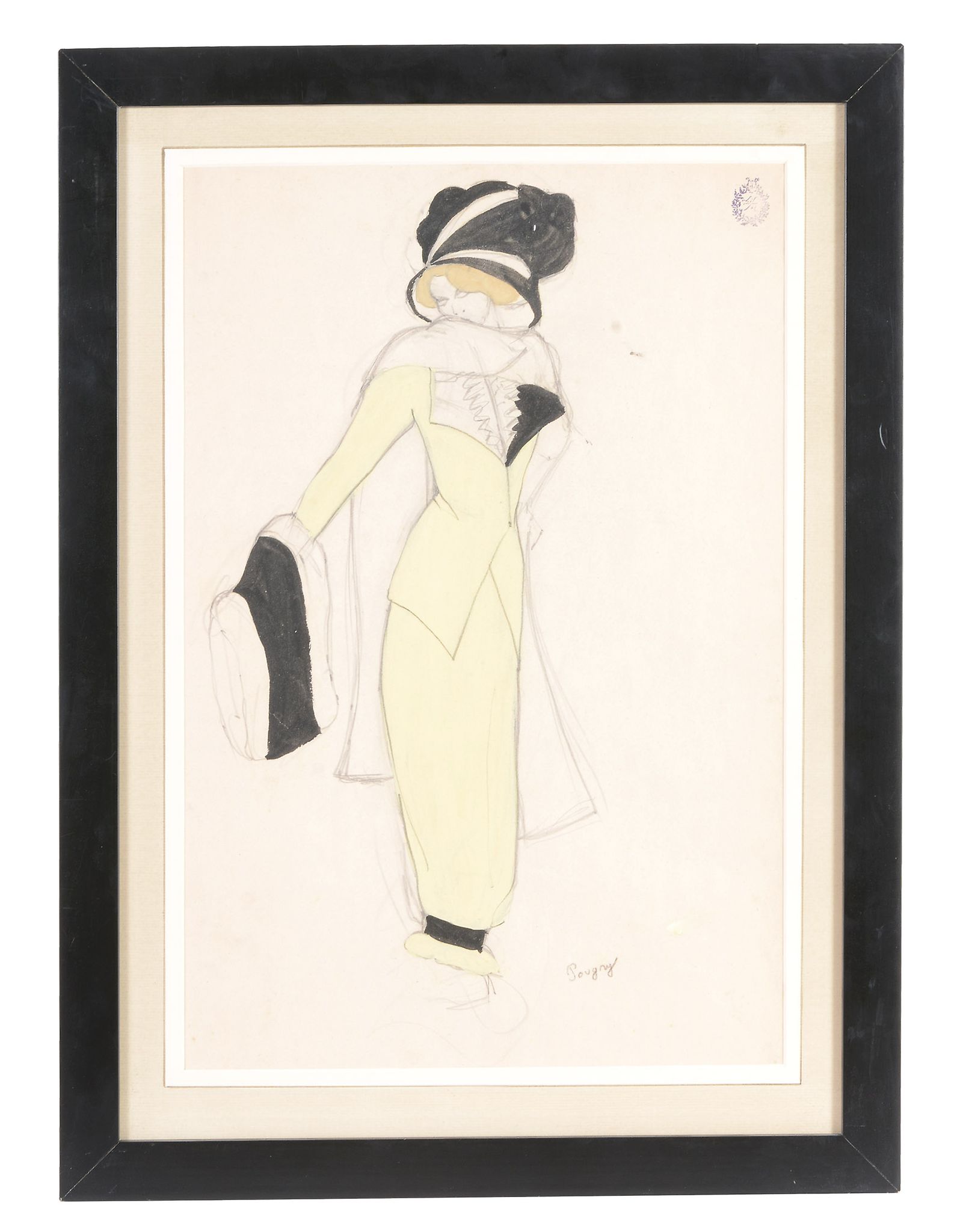 Jean Pougny (1894-1956) - Elégante à la robe jaune et au chapeau noir watercolour and bodycolour, - Image 2 of 3