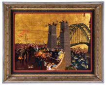 Donald Friend (1915-1989) - Captain De Groot opening the Sydney Habour Bridge oil and gold leaf on