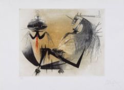 Wifredo Lam (1902-1982) - Trois Personnages etching with aquatint printed in colours, c.1973, signed