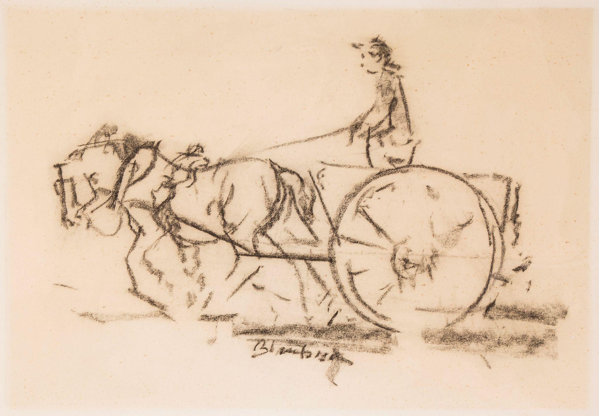Edmund Blampied (1886-1966) - Man on horse drawn wagon, 1964 black chalk on thin card, signed '