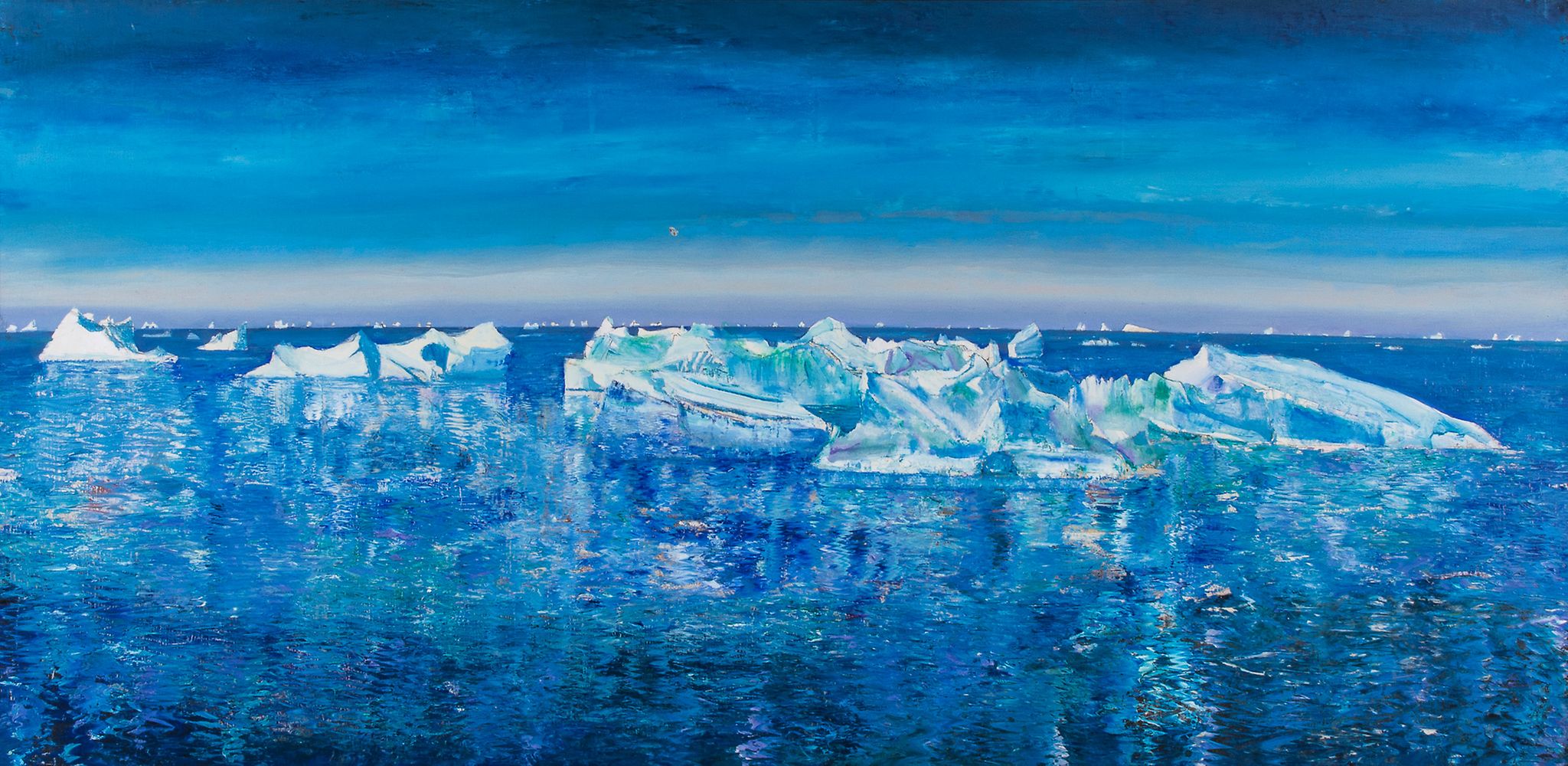 Keith Grant (b. 1930) - Icebergs drifting seawards, 1989 oil on board 28 ½ x 58 5/8 in., 72.5 x