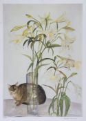 Elizabeth Violet Blackadder (b.1931) - Abyssinian Cat and Lilies lithograph printed in colours,