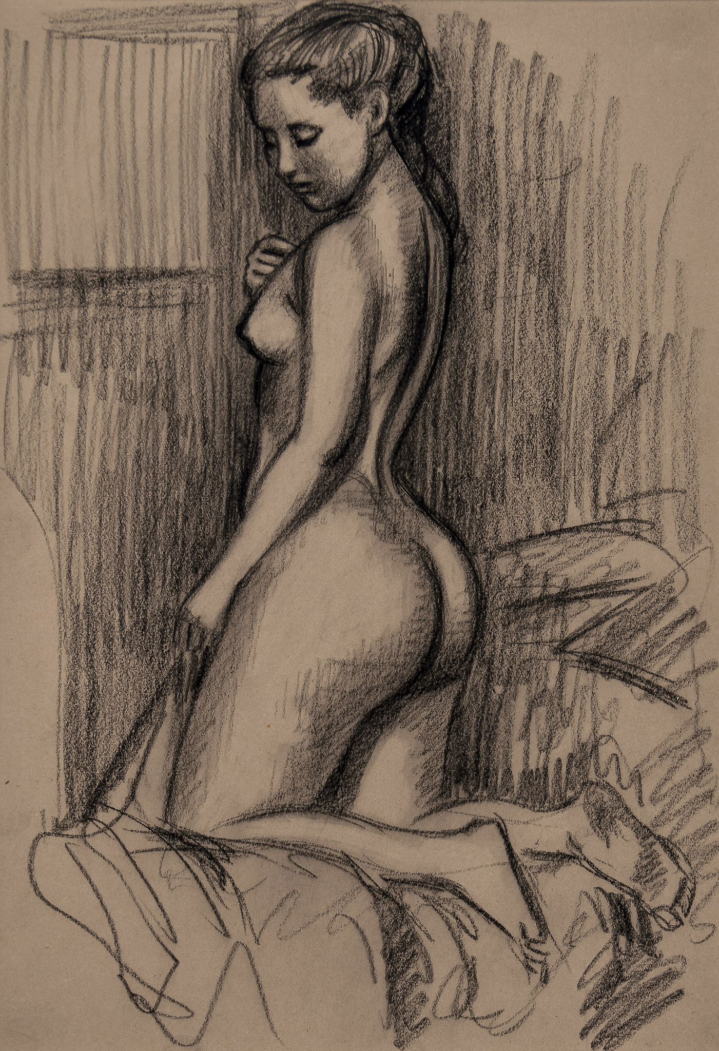 John Buckland-Wright (1897–1954) - Nude kneeling on bed, c1947 black chalk on paper, titled in