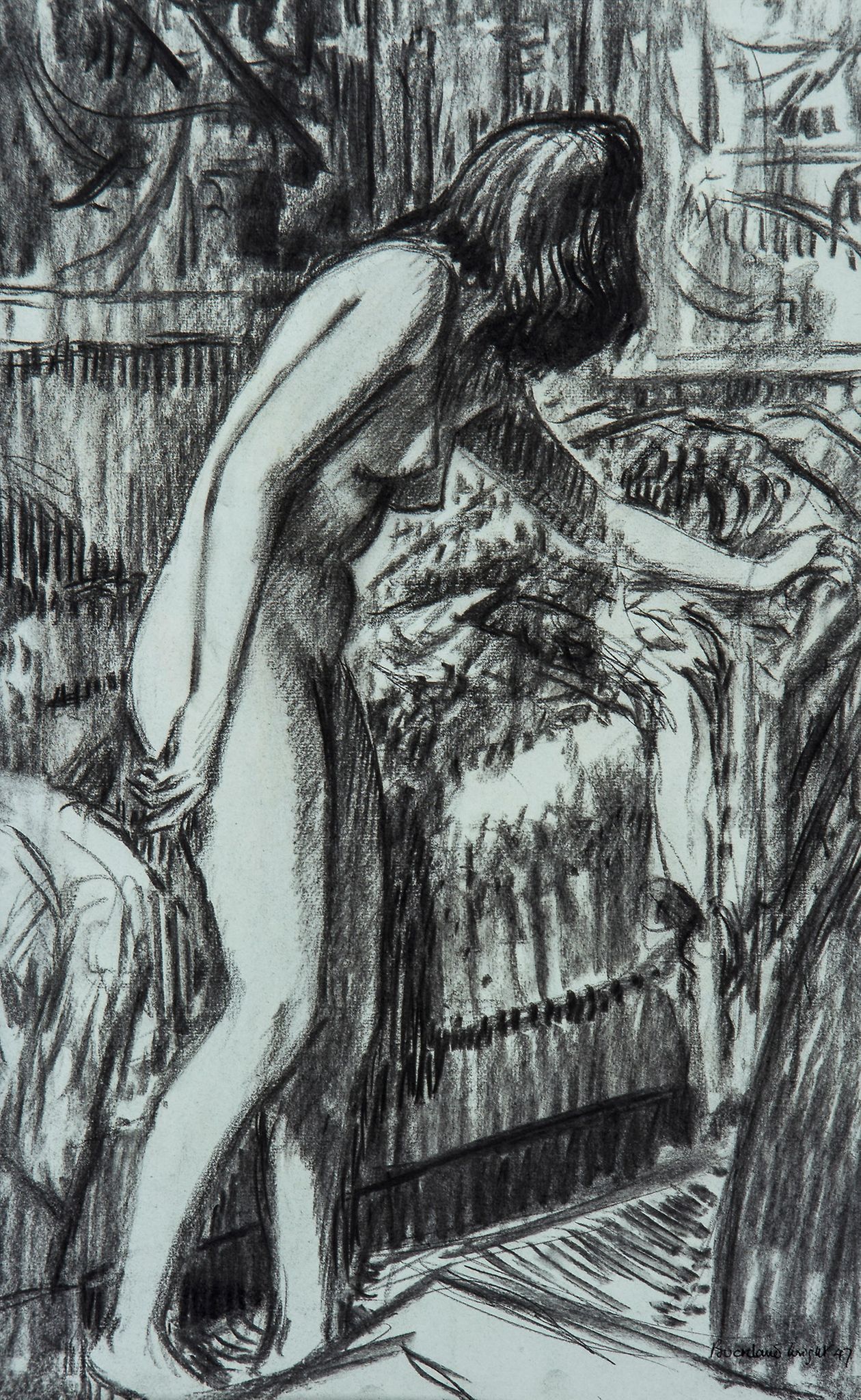 John Buckland-Wright (1897–1954) - Nude standing by bed, 1947 black chalk on blue paper, signed