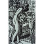 John Buckland-Wright (1897–1954) - Nude standing by bed, 1947 black chalk on blue paper, signed