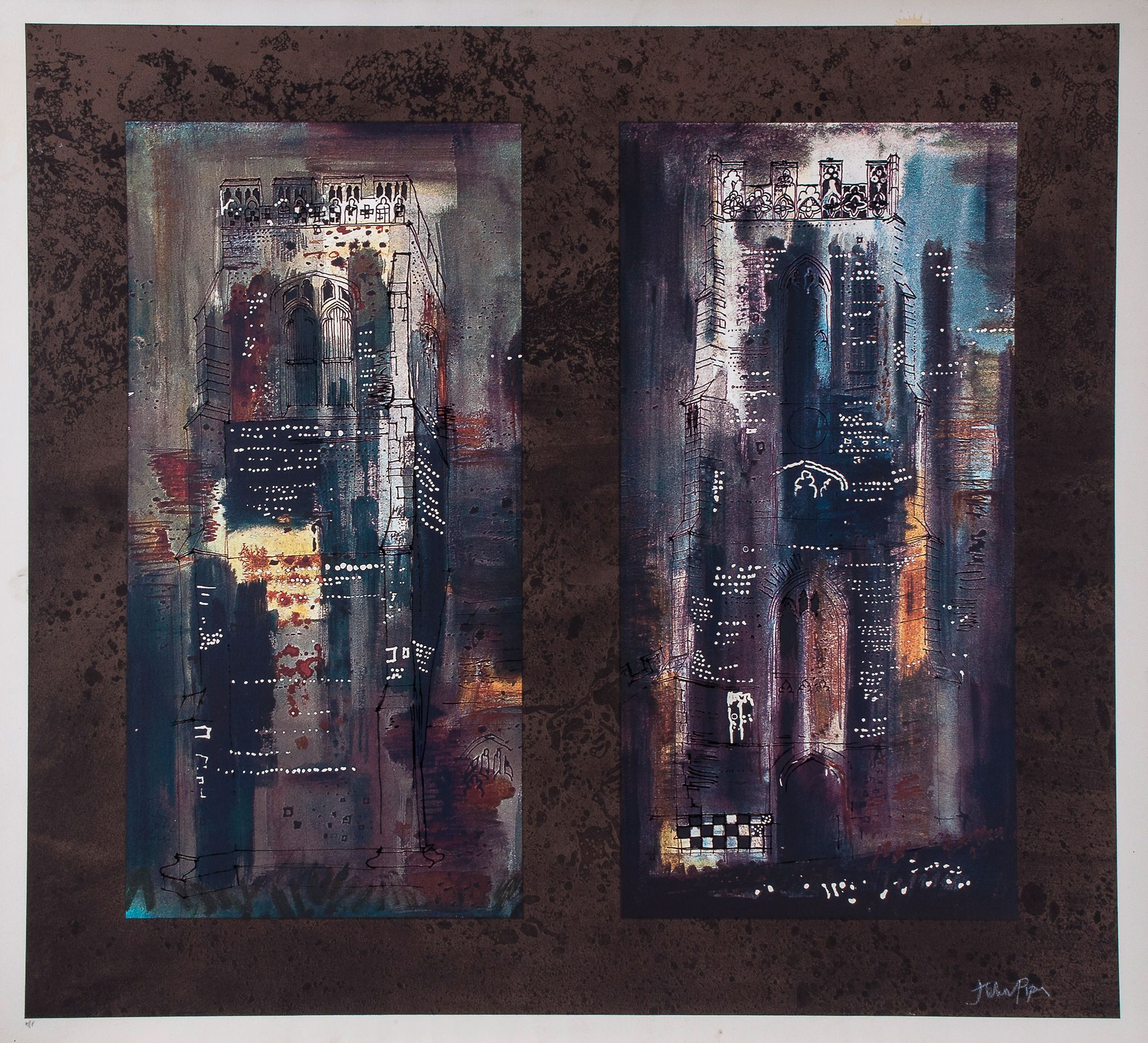 John Piper (1903-1992) - Two Suffolk Towers (L.237) screenprint in colours, 1973, signed in white