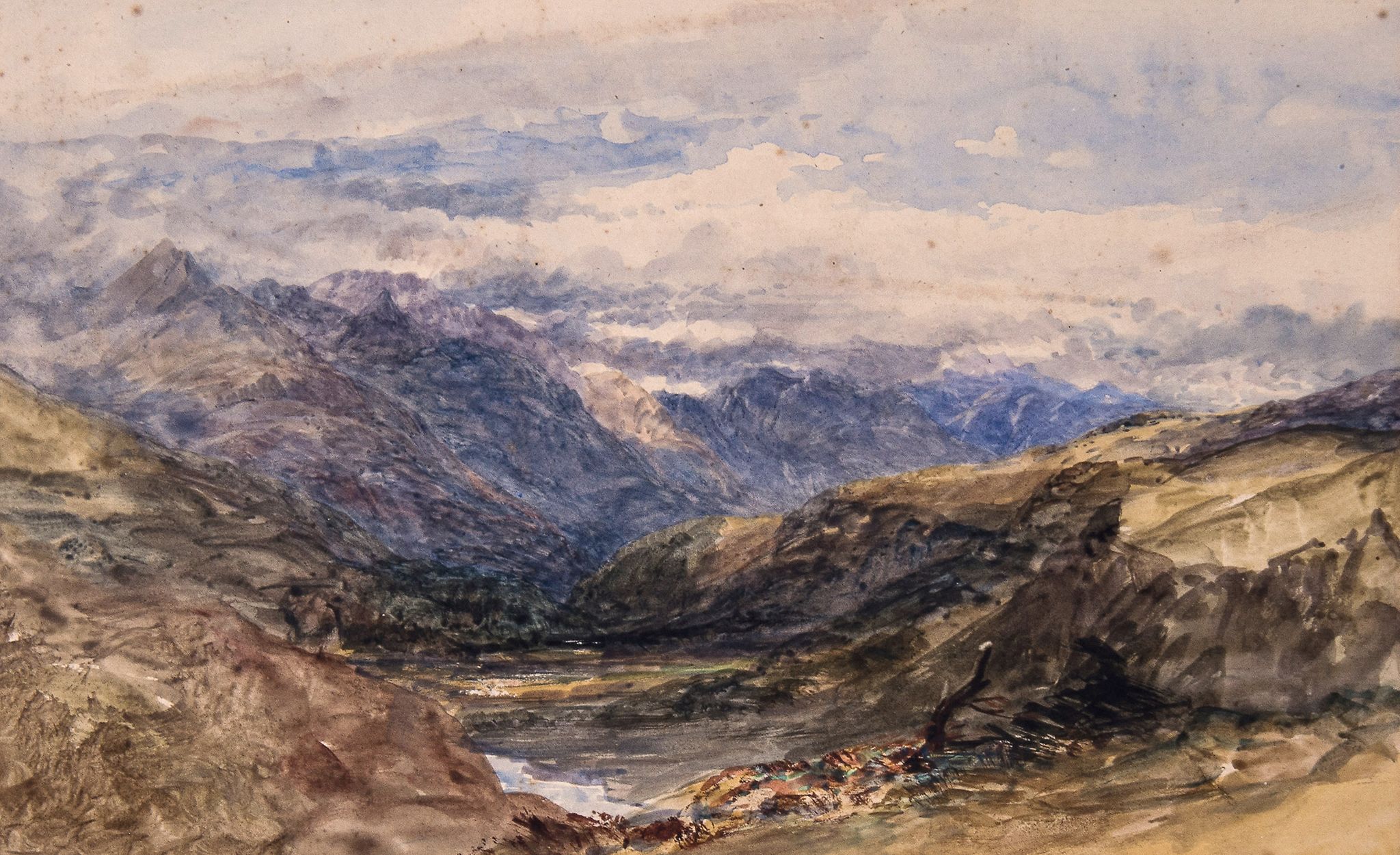 Attributed to David Cox - Mountainous landscape, possibly North Wales, watercolour, 20 x 32 cm (8