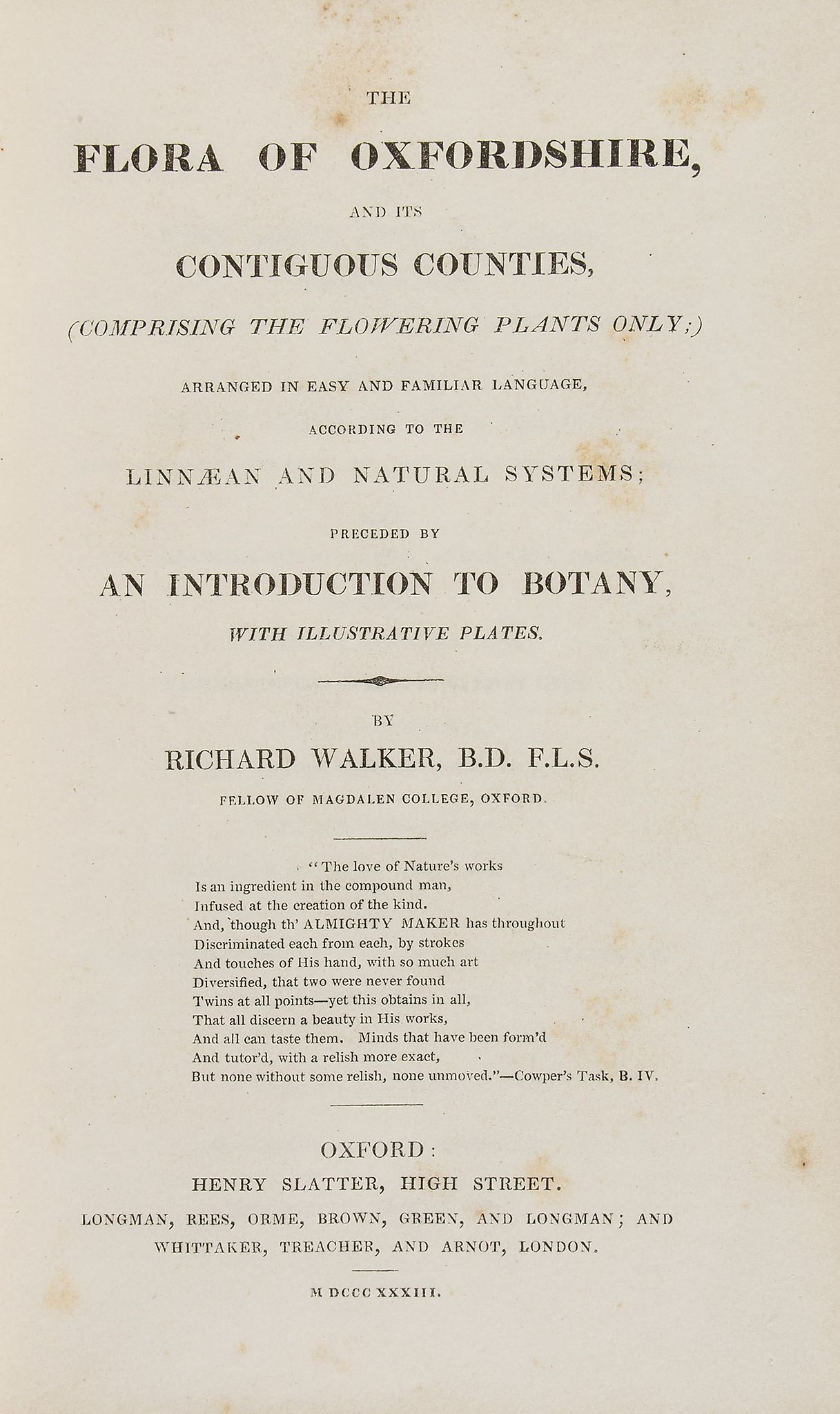 Walker (Richard) - The Flora of Oxfordshire,  presentation copy from the author  ,   folding