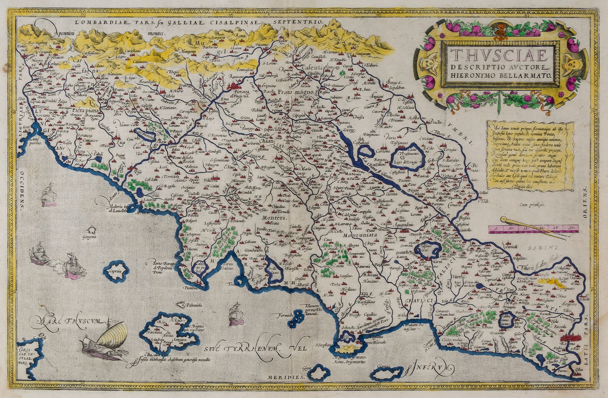 -. Ortelius (Abraham) - Thusciae descriptis auctore Hieronymo Bellarmato, map of Tuscany, with 2