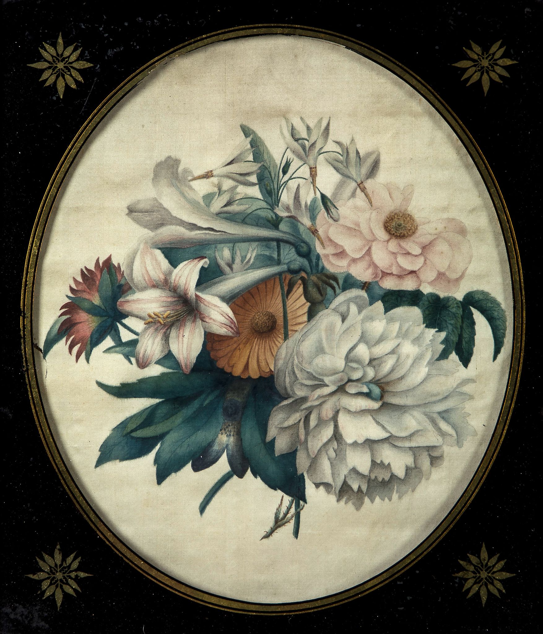 English School (19th Century) - Bouquet of Flowers,  watercolour on silk, 310 x 260mm., in