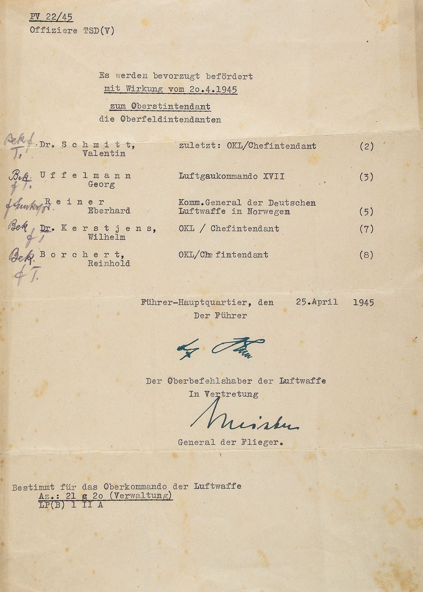 HITLER, ADOLF - Typed document signed promoting five German officers to the rank of Typed document