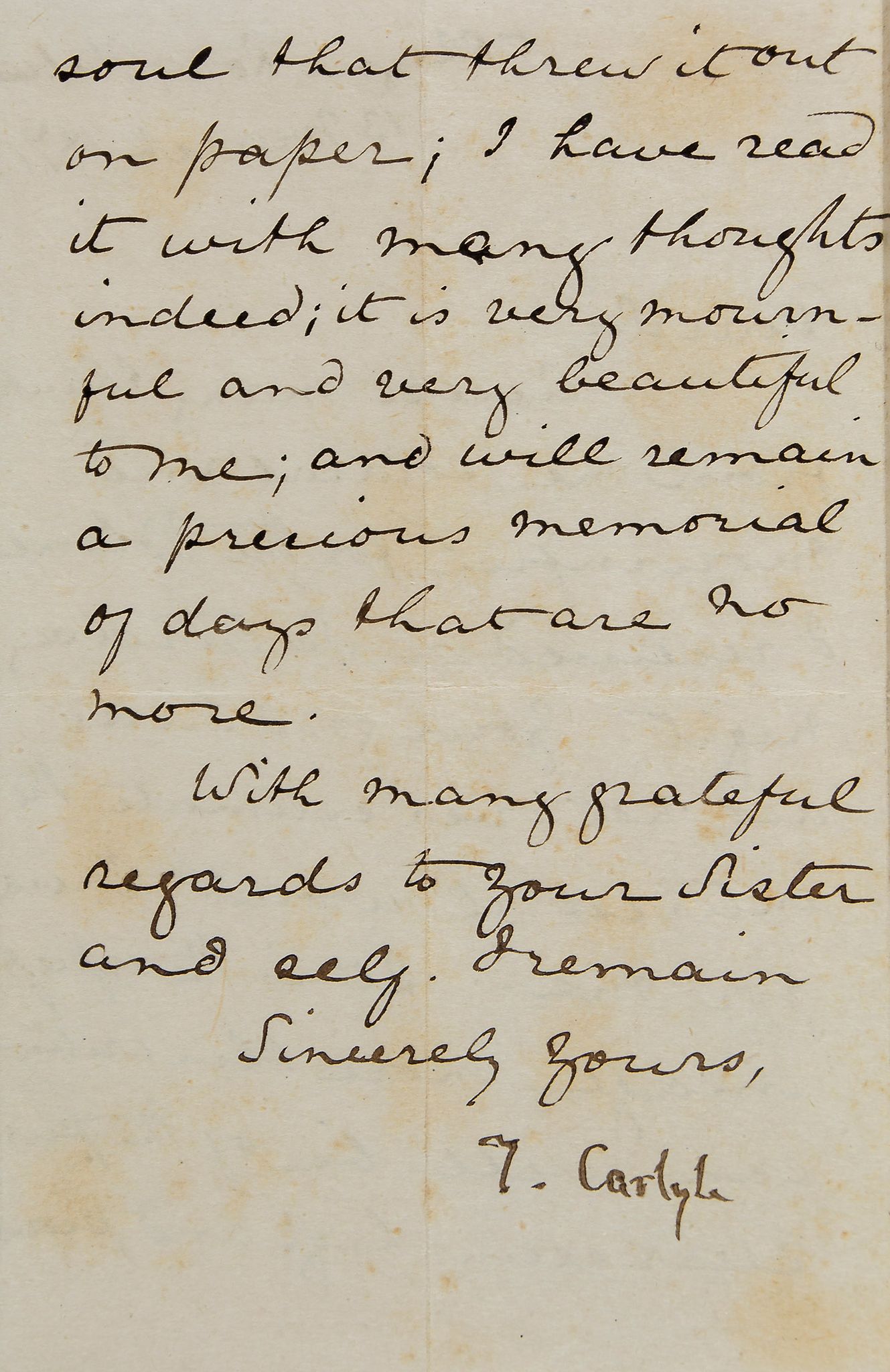 CARLYLE, THOMAS - Signed letter ("T. Carlyle"), written in the hand of his niece Mary Aitken on