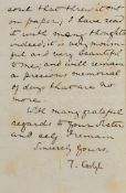 CARLYLE, THOMAS - Signed letter ("T. Carlyle"), written in the hand of his niece Mary Aitken on