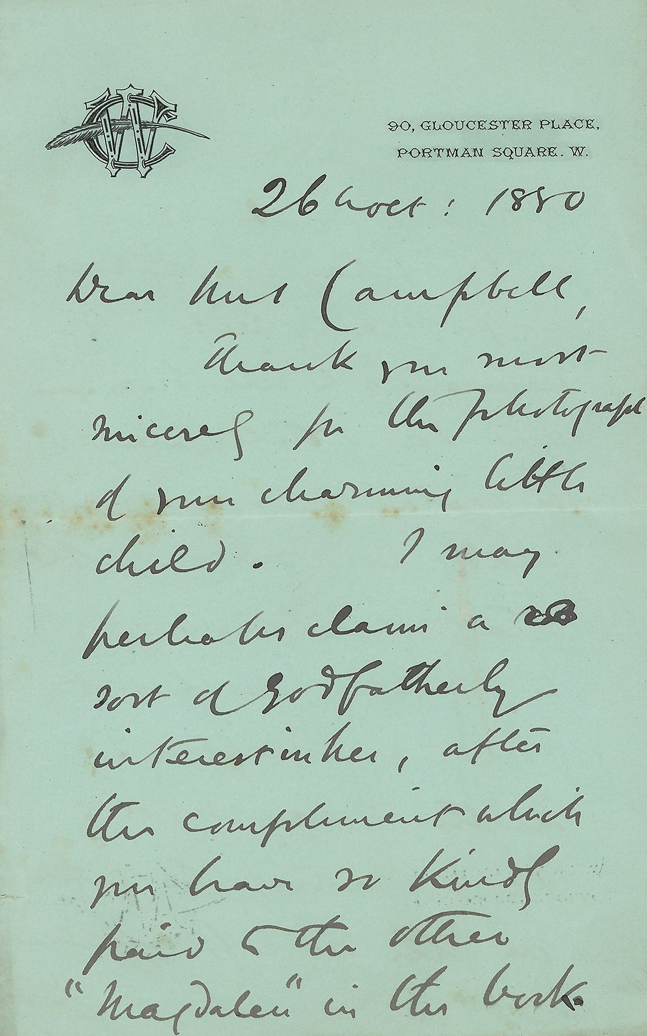 WILKIE COLLINS - Autograph letter signed on personalised stationery to Miss Campbell Autograph - Image 2 of 2