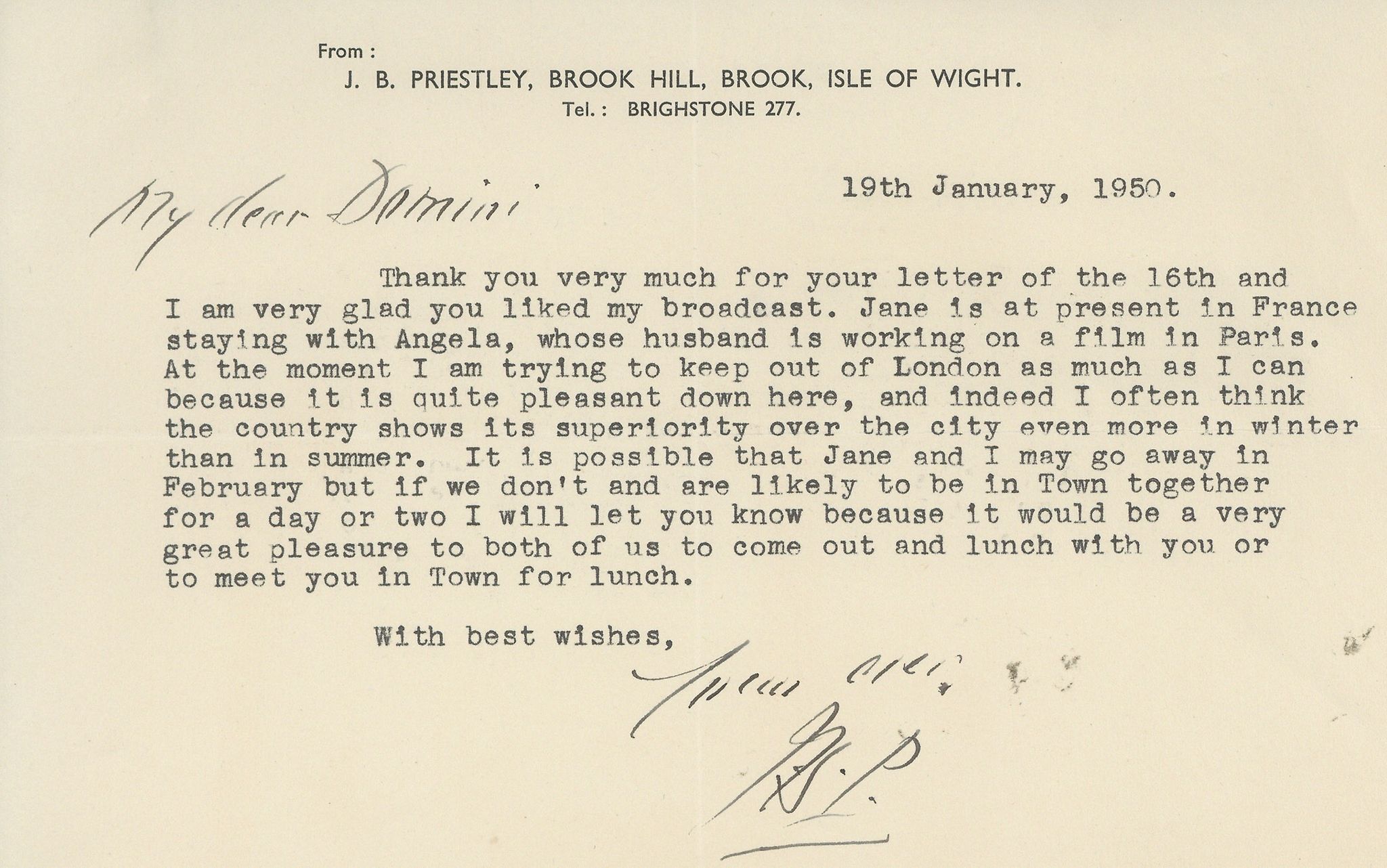 PRIESTLEY, J.B. - Five typed letters signed addressed to Lady Domini Crosfield and... Five typed