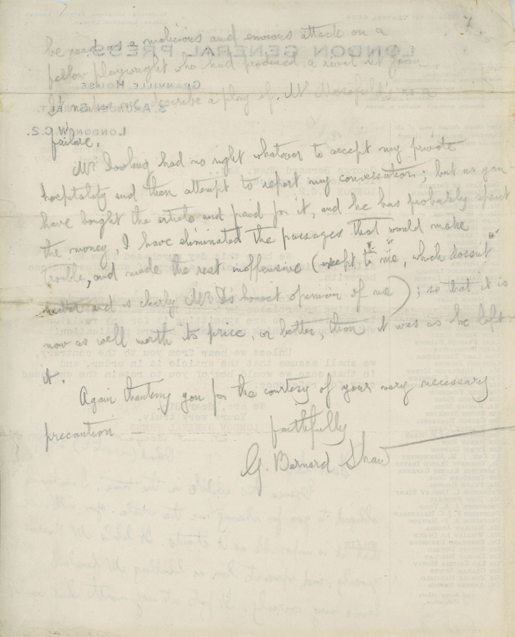 SHAW, GEORGE BERNARD - Autograph letter signed written in pencil below a typed letter from Autograph - Image 2 of 2