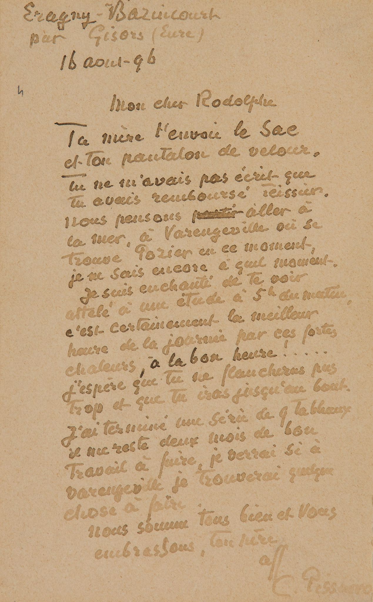 PISSARRO, CAMILLE - Autograph letter signed in French, addressed to "Mon cher Rodolphe Autograph