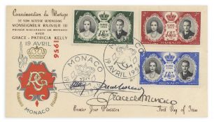 GRACE, PRINCESS OF MONACO AND PRINCE RAINIER III - First day cover with three stamps issued on April