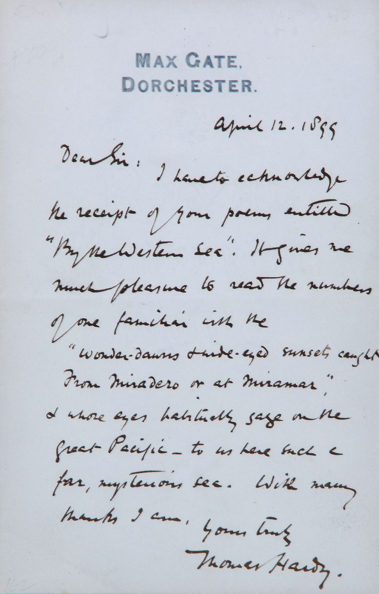 HARDY, THOMAS - Autograph letter signed addressed to Marshall Ilsley, writing Autograph letter