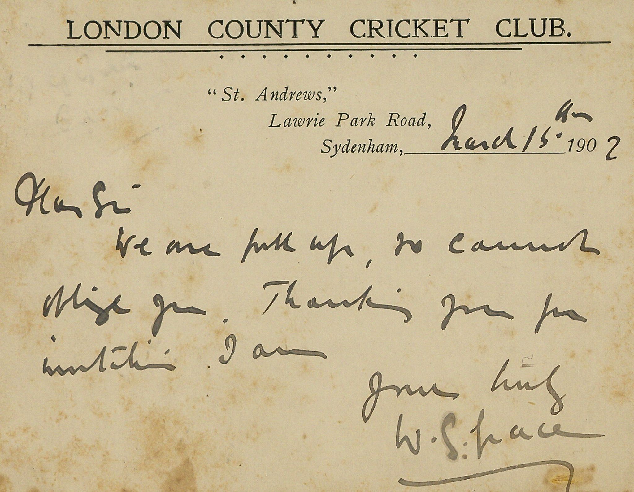 GRACE, W.G. - A note by W.G. Grace to C. Alexander [Wilmot A note by W.G. Grace to C. Alexander [