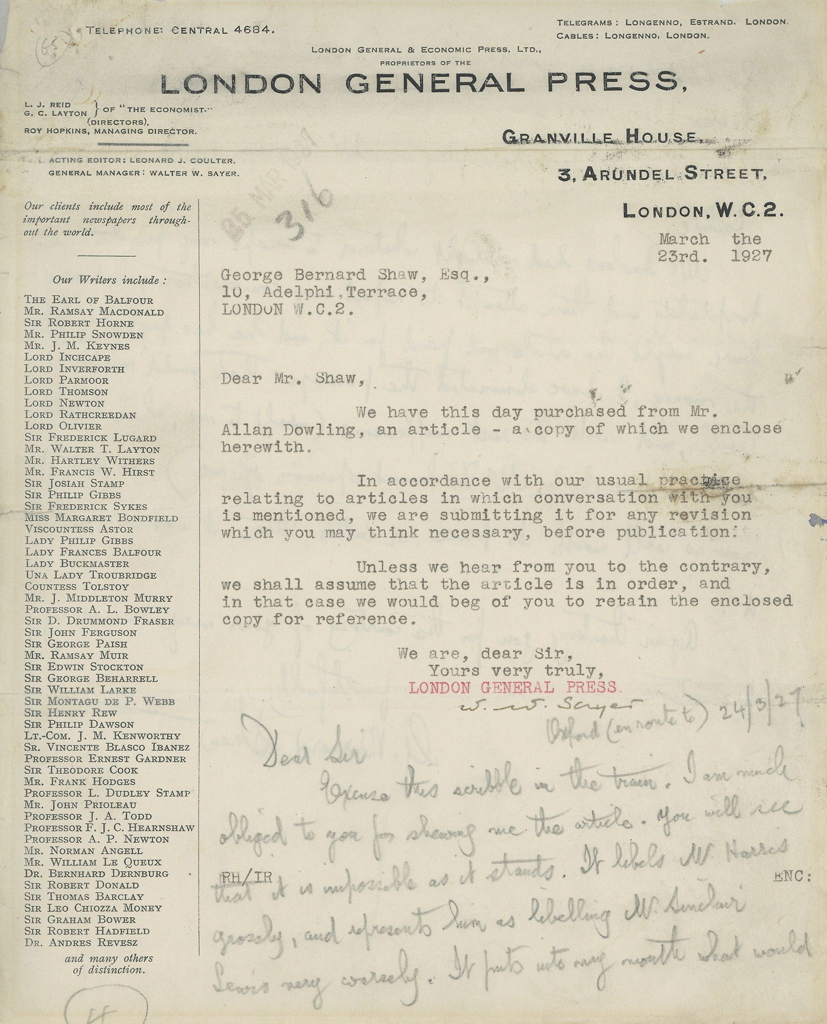 SHAW, GEORGE BERNARD - Autograph letter signed written in pencil below a typed letter from Autograph