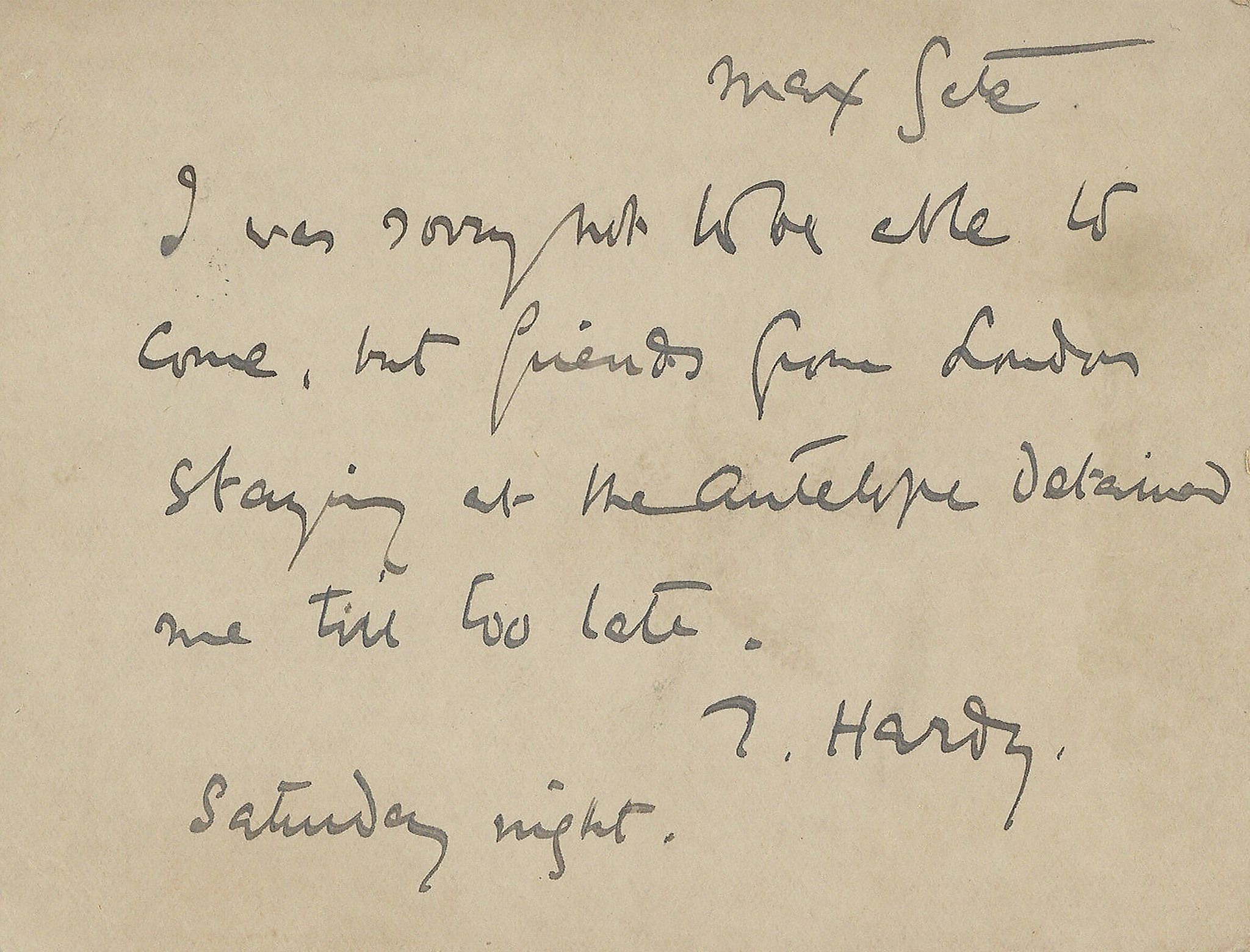 HARDY, THOMAS - Autograph signed notecard addressed to "Rev. W. M Autograph signed notecard ("T. - Image 2 of 2