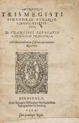 Hermes Trismegistus. - Pimandras Utraque Lingua Restitutus,  woodcut device and initials, parallel