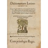 [Estienne (Charles)] - Dictionarium Latino-Graecum,  double column, title with hand-coloured woodcut