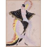 Erté (Romain de Tirtoff) - Original evening wear design, strapless sequined dress with trailing
