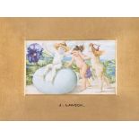Lawson (John) - A pair of miniatures of pixies rolling an egg past primroses,  watercolours over