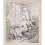 Rowlandson (Thomas) Manner of. - An erotic scene between an elderly man and two maids,  pen and grey