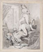 Rowlandson (Thomas) Manner of. - An erotic scene between an elderly man and two maids,  pen and grey