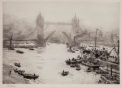 Wyllie (William Lionel, R.A.) - Tower Bridge opening for shipping,  etching with drypoint on cream