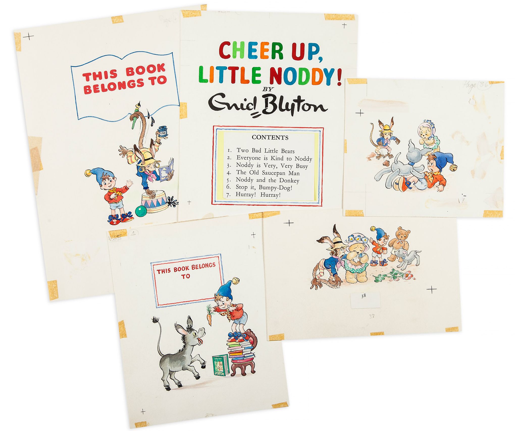 Tyndall (Robert) - A group of 5 pieces of original Noddy artwork, 2 vignette scenes, 'Oh Donkey' and