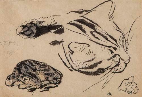 Chadel (Jules, 1870-1942) - Four studies of a cat brush and black ink, graphite, grey wash, on