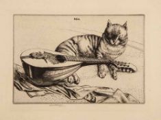 Austin (Robert Sargent, 1895-1973) - Cat and Mandolin engraving, on buff laid paper watermarked 'Van