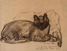 Steinlen (Théophile Alexandre, 1859-1923) - Study of a cat resting on a pillow conté crayon on light