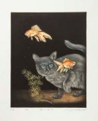 Ikuta (Koji, b.1953-?) - Cat and goldfish bowl colour mezzotint, signed in pencil lower right,